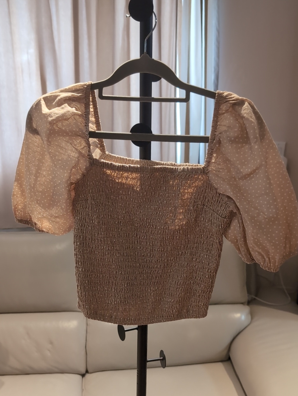 Abercrombie & Fitch Beige Smocked Puff Sleeve Crop Top